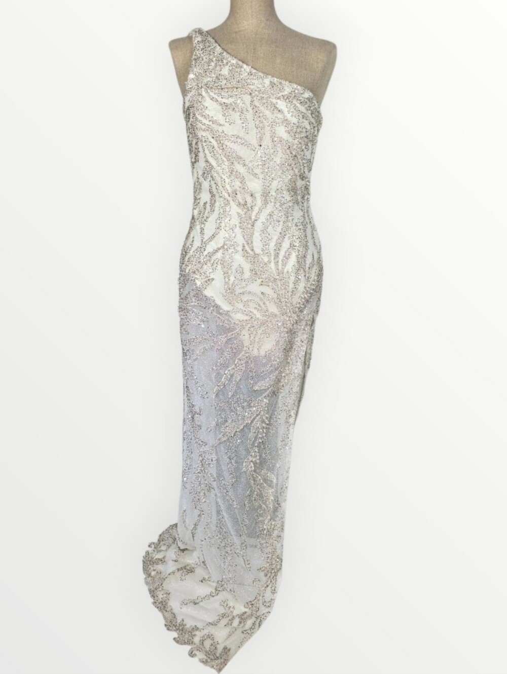 Viero Bridal Beaded Side Slit One Shoulder Sheer Wedding Gown Dress Sz 6